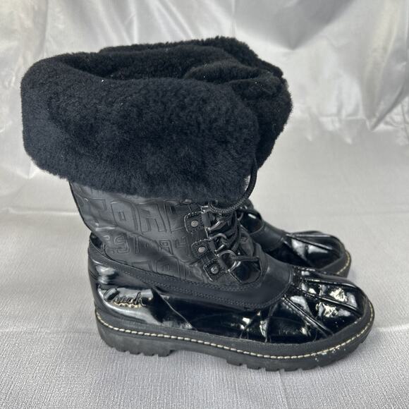 Coach Leonora Black Patent Leather Shearling Snow Boots Women’s 7.5B - Picture 4 of 7